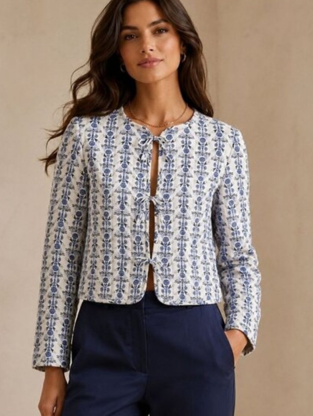 Women's Blue Floral Cropped Jacket - Elegant Tie-Front